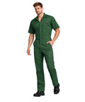 Men's Short Sleeve Zip Up Coveralls Built Different For The Daily Grind Heavy Duty Cotton Poly Blend Work Jumpsuit in green.