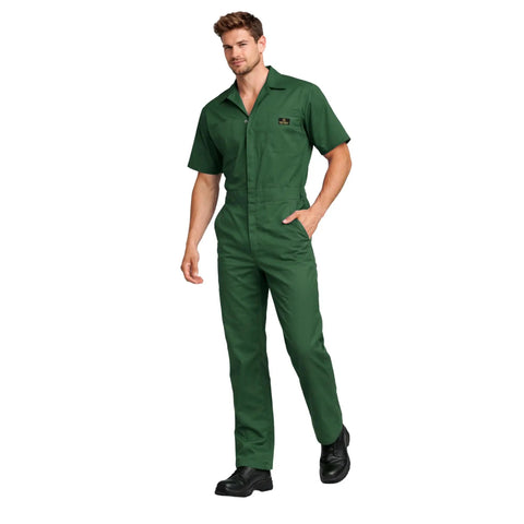 Men's Short Sleeve Zip Up Coveralls Built Different For The Daily Grind Heavy Duty Cotton Poly Blend Work Jumpsuit in green.