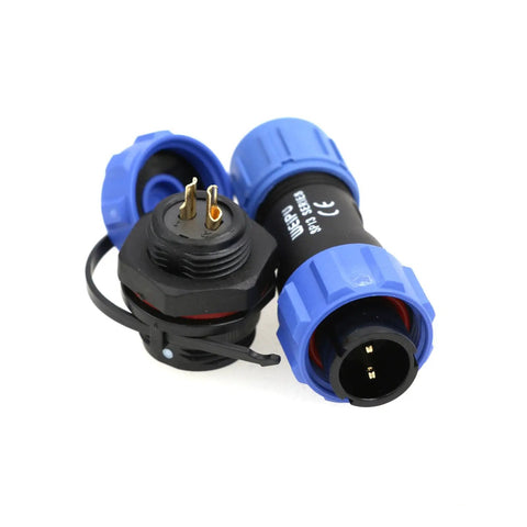 SP13 2 Pin Circular Aviation Cable Plug Connector Waterproof IP68 Chassis Panel Mount For Industrial Devices Power And Signal 13A Rating Easy One Quarter Bayonet Quick Coupling Durable Heavy Duty Marine Grade Build black and blue 2-pin connector