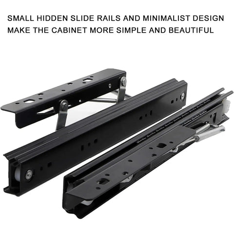Kick Clutter To The Curb With Adjustable Countertop Extension Slide Rail System Hidden Lift Platform Push Pull Table Add On Heavy Duty Drawer Organizer Setup small hidden slide rails in black for minimalistic cabinet design.