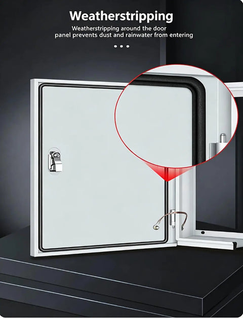 Built Tough Ev Charger Enclosure With Rear Vented Cooling And Complete Weather Rain Hood To Shield Ya Electric Vehicle Station showing weatherstripping details.