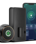 Top Tier Fingerprint Deadbolt Smart Lock With Bluetooth App Control And Steel Keys For Main Entrance showing phone and lock, modern design, quick access.