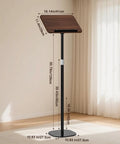 All In One Floor And Desktop Wooden Book And Music Stand That Do It All With Solid Wood Build Adjustable Height From Sixteen Point Five To Fifty One Inches Hands Free Reading Stand With Page Clip For Cookbooks Sheet Music Bible Office And Home showcasing height adjustment against a window background.