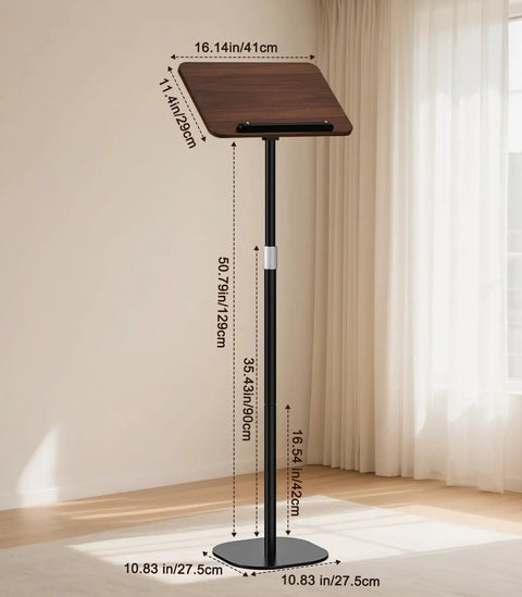 All In One Floor And Desktop Wooden Book And Music Stand That Do It All With Solid Wood Build Adjustable Height From Sixteen Point Five To Fifty One Inches Hands Free Reading Stand With Page Clip For Cookbooks Sheet Music Bible Office And Home showcasing height adjustment against a window background.