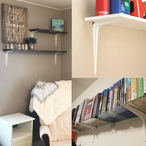 Rock Solid Heavy Duty White Shelf Brackets 10 Pack, Knockout L Brackets For Wood Planks, used for mounting shelves with books.