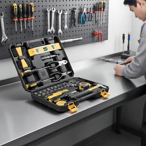 Open Comprehensive 78 Piece All In One Hand Tool Set for Home Auto and Office with Portable Storage Case on a workbench
