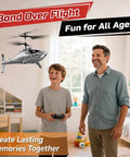 Father and son flying Shark Themed RC Helicopter For Kids And Adults With Altitude Hold One Key Takeoff And Landing indoors.