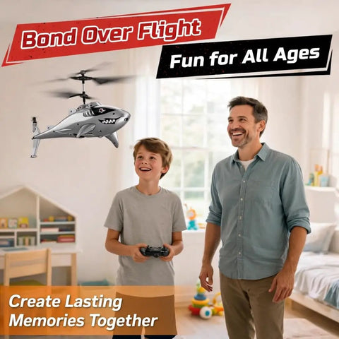 Father and son flying Shark Themed RC Helicopter For Kids And Adults With Altitude Hold One Key Takeoff And Landing indoors.