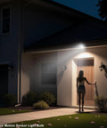 Motion Sensor LED Bulbs For Outdoor And Indoor Use, 15W Flood Light Equivalent To 100W, 1200 Lumens, 6000K Daylight, PIR Infrared Sensor, E26 Socket, PAR38 Style, Weatherproof, Dusk To Dawn, Easy Plug And Play, Four Pack on a lit house entryway
