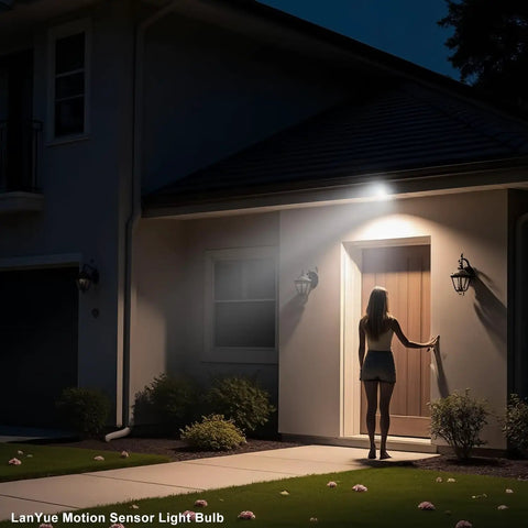 Motion Sensor LED Bulbs For Outdoor And Indoor Use, 15W Flood Light Equivalent To 100W, 1200 Lumens, 6000K Daylight, PIR Infrared Sensor, E26 Socket, PAR38 Style, Weatherproof, Dusk To Dawn, Easy Plug And Play, Four Pack on a lit house entryway