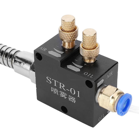 Heavy Duty CNC Coolant Sprayer System For Lathe Grinders And Drills shows a spray nozzle adjuster with two golden knobs.