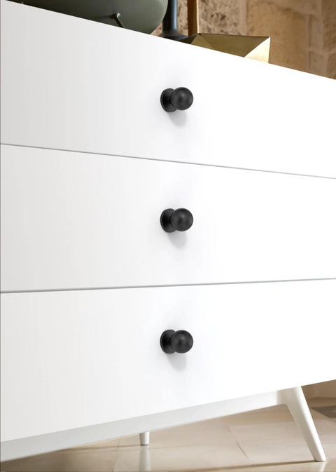 Matte Black Round Kitchen Cabinet Knobs And Drawer Knobs Set, 10 Pack installed on white dresser drawers