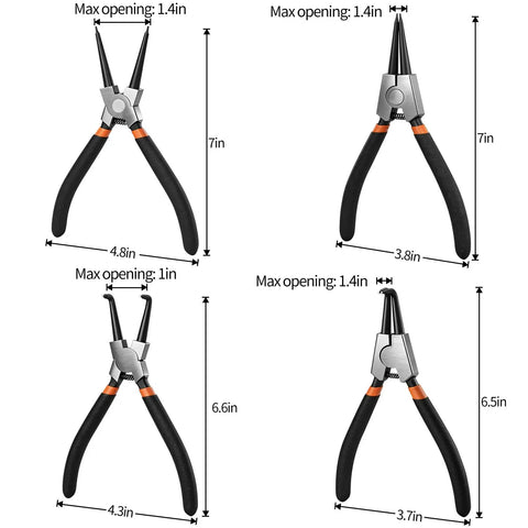 Four varied 7 Inch Snap Ring Pliers Set With 3 64th Inch Tip Internal And External Circlip Pliers Kit Straight And Bent Jaw for diverse use.