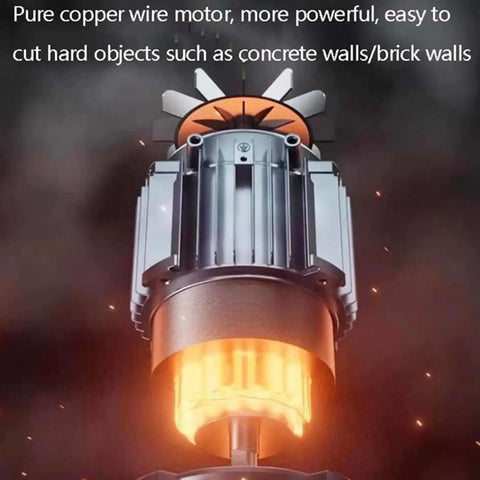 Full Bore 8000W Brushless Circular Saw Built For Kickass Speed On Raw Concrete Brick And Tile With Hassle Free Wet Dry Grooving And Massive 290Mm Cutting Depth motor close-up, showcasing pure copper wire design.
