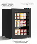 Solid Mini Upright Freezer Countertop Model With 2.2 Cubic Feet Span Double Pane Glass Door showing adjustable leveling legs and ice cream storage.