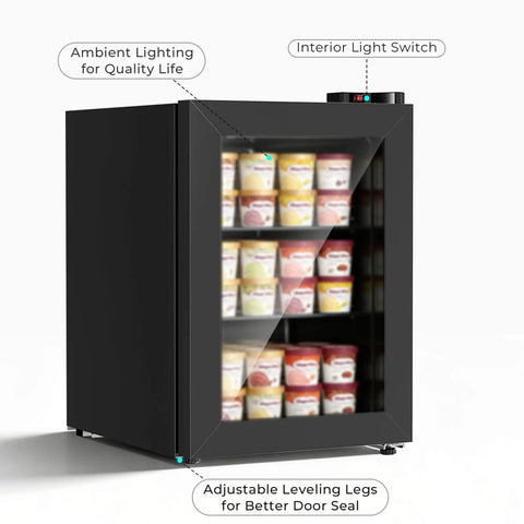 Solid Mini Upright Freezer Countertop Model With 2.2 Cubic Feet Span Double Pane Glass Door showing adjustable leveling legs and ice cream storage.