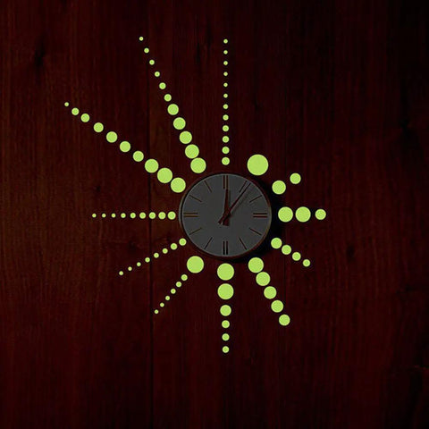 Glow In The Dark Wall Stickers Set With 407 Removable Luminous Dots arranged around a clock on a dark wall