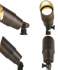 Four views of Brass Mini Landscape Light With 450 Lumen Output, 5W MR16 LED, 12V AC/DC, waterproof outdoor spotlight, ground stake included.
