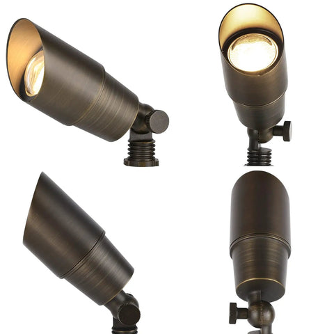 Four views of Brass Mini Landscape Light With 450 Lumen Output, 5W MR16 LED, 12V AC/DC, waterproof outdoor spotlight, ground stake included.