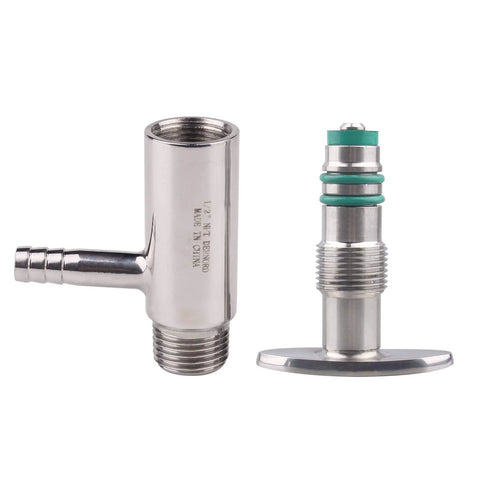 Two stainless steel DERNORD sanitary sample valve components: body with side port and stem with green seals.