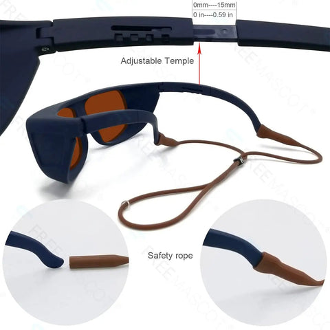 Professional Laser Safety Glasses Featuring Straight Fire OD 4 Plus Coverage From 190 To 1100 Nm Wavelengths with adjustable temple and safety rope