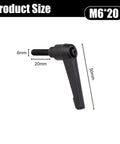 4 Piece Adjustable Clamping Lever Handles Set With M6 X 20mm Quick Release Bolts Black Oxide Carbon Steel, shown with dimensions.