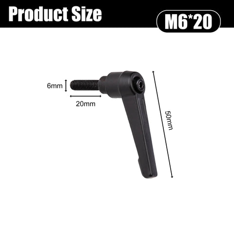 4 Piece Adjustable Clamping Lever Handles Set With M6 X 20mm Quick Release Bolts Black Oxide Carbon Steel, shown with dimensions.