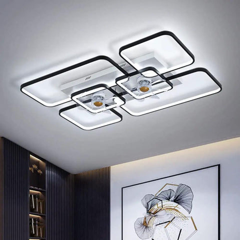 Modern Rectangular Ceiling Fan Lamp With 7 Blades Semi Flush LED Light With Remote Control For Living Room 27.5 Inches Black White overhead view