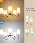 5 Light Modern Chandelier With White Fabric Shades, Sleek Black Dope Ceiling Pendant showcasing warm and daylight bulb options