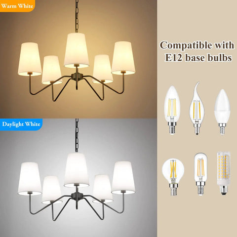 5 Light Modern Chandelier With White Fabric Shades, Sleek Black Dope Ceiling Pendant showcasing warm and daylight bulb options