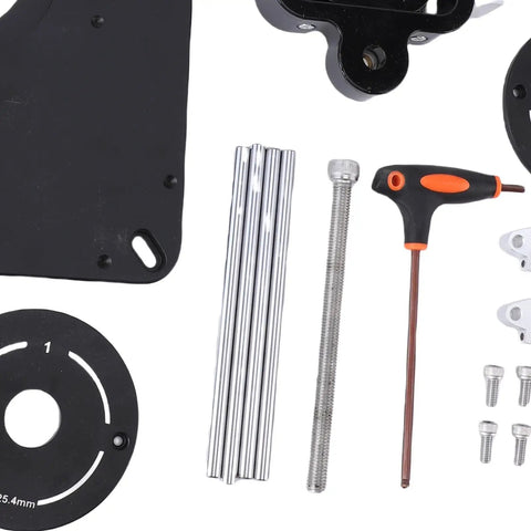 Precision Router Lift System With Aluminum Alloy Table Mount, includes tools and components for assembly.