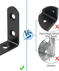 Comparison showing black 90-degree bracket from 16 Piece Stainless Steel L Bracket Corner Brace Set With 64 Screws versus inferior brackets.