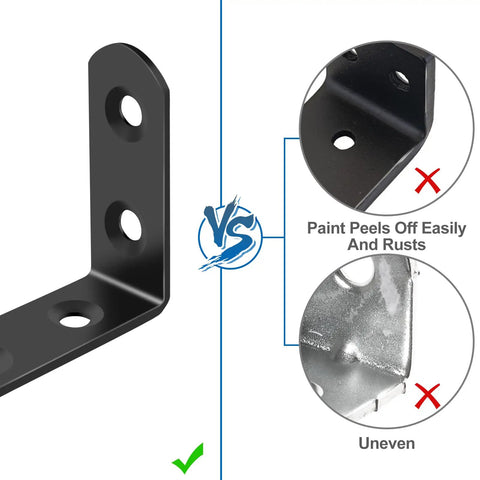Comparison showing black 90-degree bracket from 16 Piece Stainless Steel L Bracket Corner Brace Set With 64 Screws versus inferior brackets.