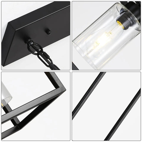 Close-up of the 6 Light Dining Room Fixture In Black Modern Farmhouse Industrial Chandelier Rectangular Pendant Lighting For Dining Room Kitchen Island And Bar Height Adjustable Chains For Custom Fit And Chill Vibe.
