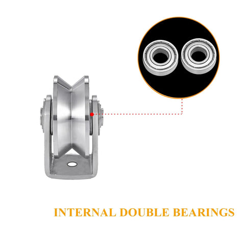 Stainless Steel Heavy Duty Wire Rope Pulley Block for Sliding Gates With V Groove Wheel, Double Bearing Plate Caster, detail view