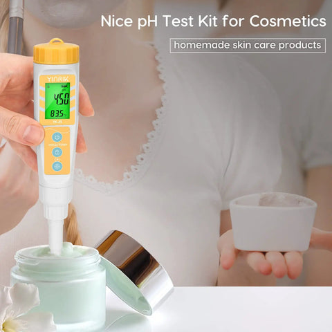 Person using a Food pH Meter For Sourdough And Bread Dough, Waterproof pH Tester For Fermenting Sausages And Salami in skincare cream.