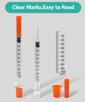 Syringes With Needle 30 Pack U-100 1ml 30G 5/16 Inch 8mm Sterile Individually Wrapped For Clear Measurements And Accurate Dosing In Lab And Medical Prep. 1ml U-100 syringe with clear unit marks and orange needle cap