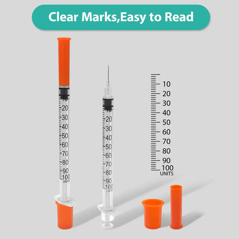 Syringes With Needle 30 Pack U-100 1ml 30G 5/16 Inch 8mm Sterile Individually Wrapped For Clear Measurements And Accurate Dosing In Lab And Medical Prep. 1ml U-100 syringe with clear unit marks and orange needle cap