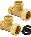 Brass 3/4 Inch GHT Tee Hose Fitting With Male X Male X Swivel Female, Go-To Garden Hose Tee Connector, 2 Pack, Durable Watering Fitting For Outdoor Faucets, Sprinklers, Nozzles, Timers; two brass tee fittings with seals