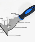Professional Self Leveling Cement Tool Kit Featuring Four And Six Point Five Inch Notched Trowels Nine Inch Paint Roller Extension Pole Handle Plus Heavy Duty Scrapers For Dead Flat No Hassle Floors with a multi-functional scraper tool.