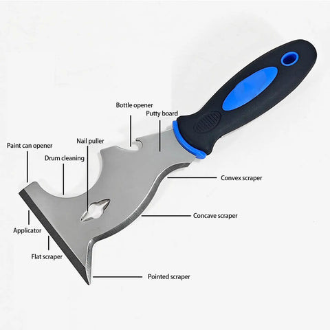 Professional Self Leveling Cement Tool Kit Featuring Four And Six Point Five Inch Notched Trowels Nine Inch Paint Roller Extension Pole Handle Plus Heavy Duty Scrapers For Dead Flat No Hassle Floors with a multi-functional scraper tool.