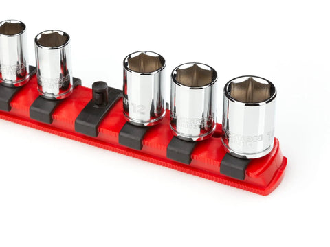 One Quarter Inch Drive Socket Rail With Thirteen Red Clips That Lock Sockets In Place Or Lock Into Tray With Keyhole Slot Easy Twist To Lock
