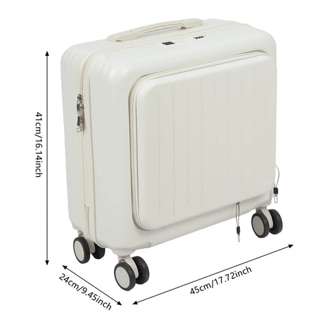 18 Inch Underseat Carry On Luggage With Wheels Lightweight Hard Shell Suitcase For Weekender Trips 180 Degree Top Opening Separate Laptop Compartment Four Smooth Spinner Wheels White