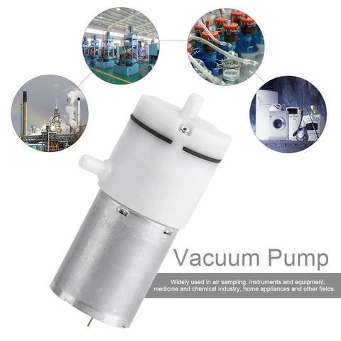 Heavy Duty 12V DC Mini Air Pump That Keeps It Quiet While Kickin Out Steady 2 To 3 Point 2 LPM Flow Easy On The Bench And Built Different For Home Gear Or Medical Tools Silent Smooth Operation Guaranteed in white and metallic design.