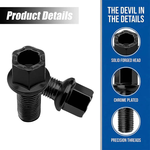 High Carbon Steel Wheel Bolts M14 X 1.5 Thread Pitch Black Coated Heavy Duty Lug Studs showing solid forged heads and precision threads.