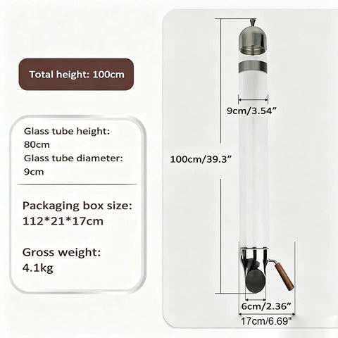 Wall Mounted Coffee Bean Dispenser With Slick Glass Tube And Rugged Steel Base, features an 80cm tube and 100cm total height.