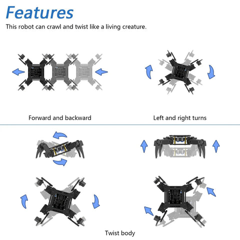 Dope Quadruped Robot Kit With Remote App Control For Arduino IDE Walking Crawling Twisting Motion Easy Prewritten Code Library Assembly Required STEM Servo Project For Makers And Tinkerers showing forward, turns, and body twist
