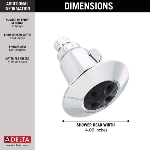2 Spray H2Okinetic Shower Head In Chrome Delivers 3x Coverage With PowerDrench Spray, shown with dimensions highlighted