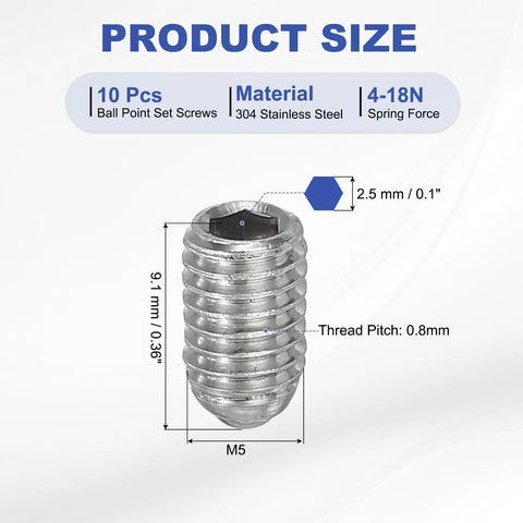 M5x8mm Ball Point Set Screws 10 Pcs 304 Stainless Steel Hex Socket Spring Ball Point Grub Screws product size details