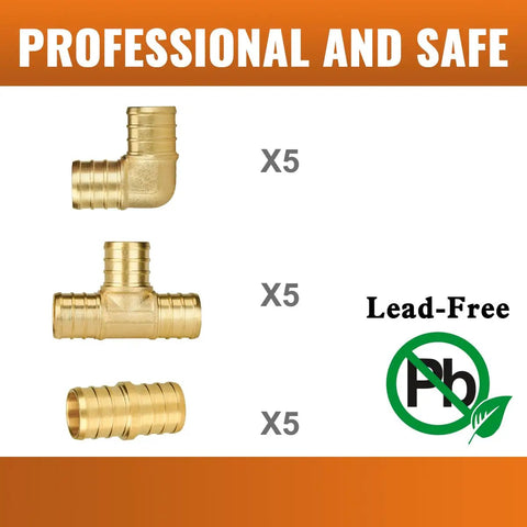 Three Quarter Inch PEX Fittings Set With Five Elbows, Five Tees, And Five Couplings In Lead Free Brass, NSF Certified For Potable Water Systems, 15 Pack